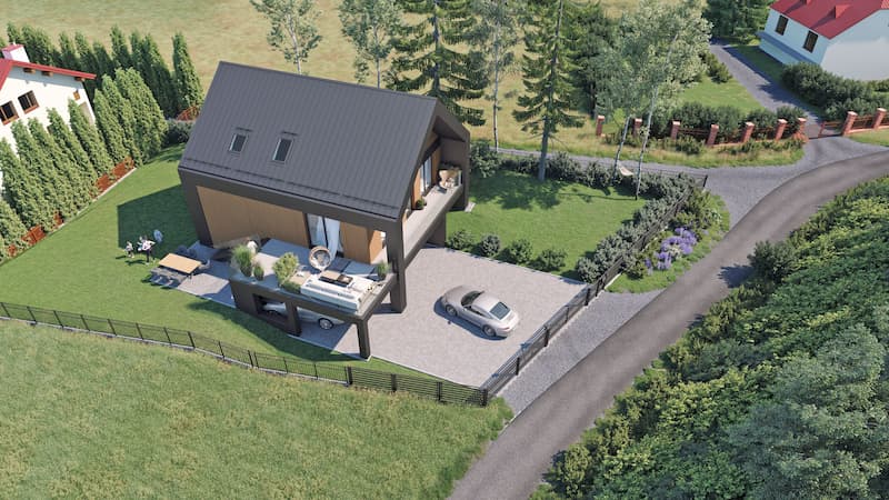 Widok z lotu ptaka na dom jednorodzinny w Korzkwi